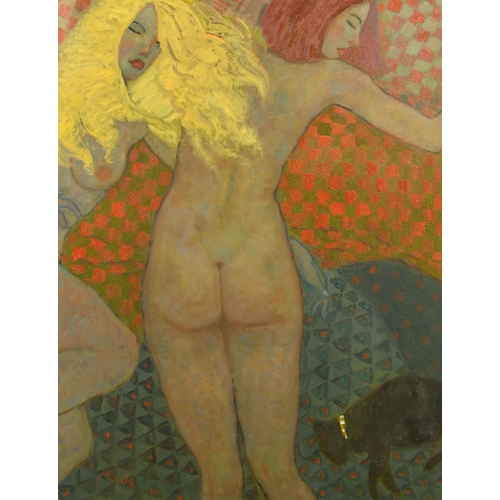 535 - Kanwaldeep Singh Kang, signed Nicks (1964-2007) British, 'Astrid, Tula and Emma', two nude ladies as... 