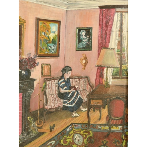 6 - 20th Century French School, female figure in a colourful interior, oil on board, 26.5