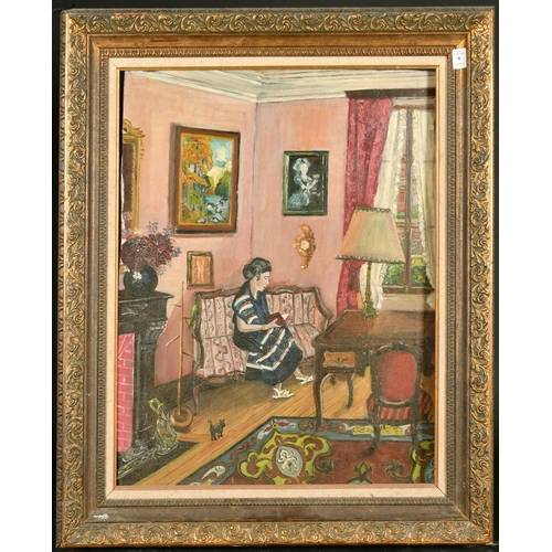 6 - 20th Century French School, female figure in a colourful interior, oil on board, 26.5