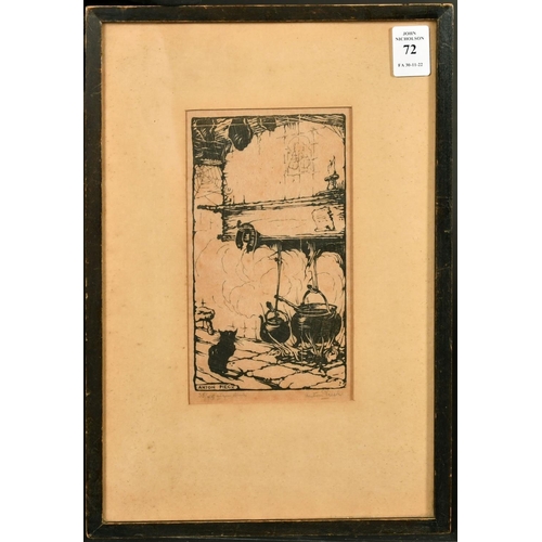 72 - Anton Pieck, A cat seated by a fire, woodblock, signed and numbered 35/75 in pencil, 7