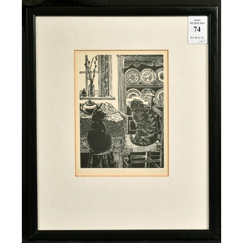 74 - Hilary Whyard, 'Breakfast Cats', wood engraving, signed and inscribed in pencil, 5.5