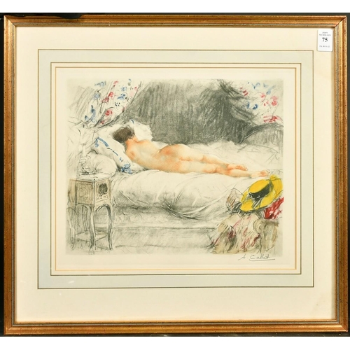 75 - Antoine Calbet, A nude lady lying on top of a bed, coloured engraving, signed in pencil, 10.75