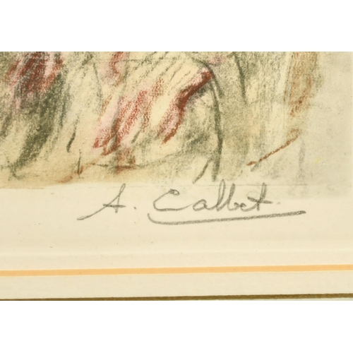 75 - Antoine Calbet, A nude lady lying on top of a bed, coloured engraving, signed in pencil, 10.75