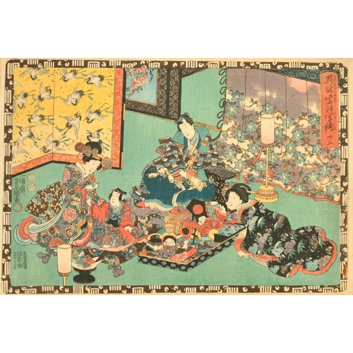 81 - Kunisada, Two 19th Century Japanese woodblocks, figures in leisurely pursuits, various seals and ins... 