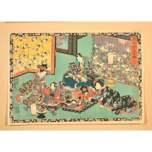 81 - Kunisada, Two 19th Century Japanese woodblocks, figures in leisurely pursuits, various seals and ins... 