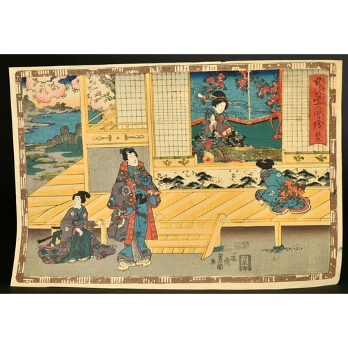 81 - Kunisada, Two 19th Century Japanese woodblocks, figures in leisurely pursuits, various seals and ins... 