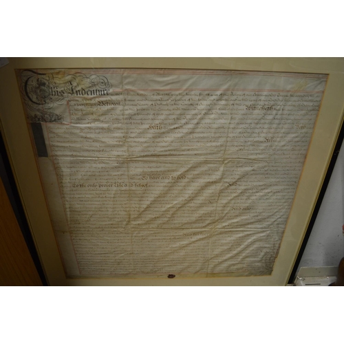 38 - A woolwork tapestry picture, a framed indenture and three pictures.