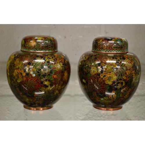 558 - A good pair of Japanese cloisonne ginger jars and covers.