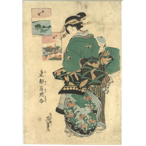 498 - EISEN KIKUGAWA (1787-1867); EDO BEAUTIES, circa 1815-1842, three original Japanese woodblock prints,... 