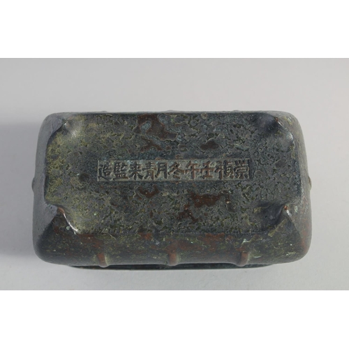 147 - A CHINESE BRONZE RECTANGULAR CENSER, the base with character mark, 15cm long.