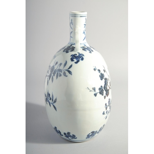 165 - A CHINESE MING STYLE BLUE AND WHITE PORCELAIN MOON FLASK, each side paint with a bird on a branch, b... 