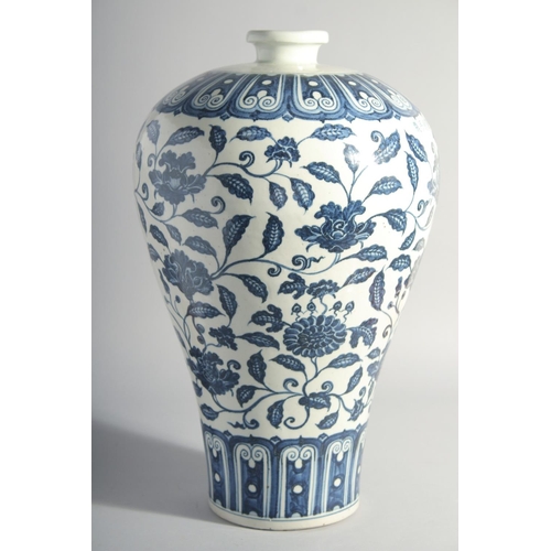 166 - A LARGE CHINESE BLUE AND WHITE MEIPING VASE, painted with flora, 43cm high.