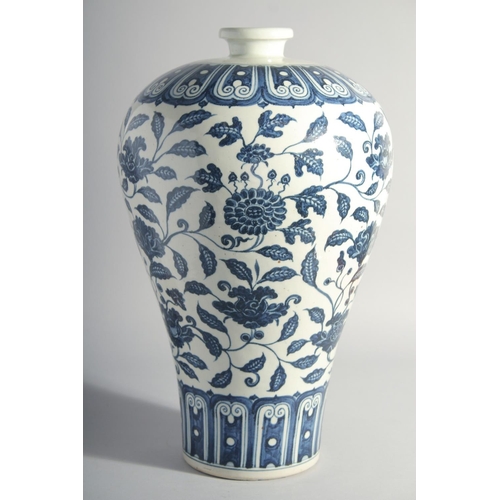 166 - A LARGE CHINESE BLUE AND WHITE MEIPING VASE, painted with flora, 43cm high.