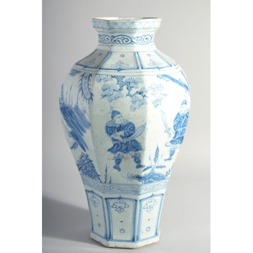 167 - A LARGE CHINESE BLUE AND WHITE GLAZED POTTERY VASE, painted with figures and flora, 42cm high.