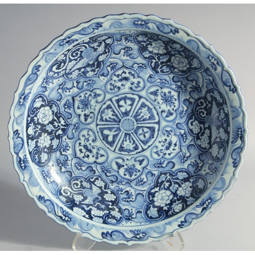 168 - A LARGE CHINESE YUAN STYLE BLUE AND WHITE PORCELAIN CHARGER, painted with panels of phoenix and flor... 