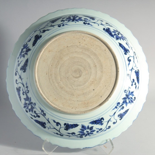 168 - A LARGE CHINESE YUAN STYLE BLUE AND WHITE PORCELAIN CHARGER, painted with panels of phoenix and flor... 