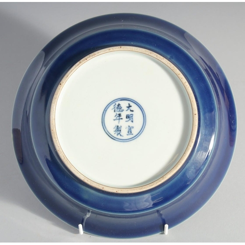 171 - A RARE CHINESE BLUE AND WHITE RESERVE-DECORATED PORCELAIN DISH, the centre with a bird and flora, ba... 