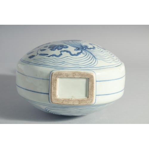 174 - A CHINESE BLUE AND WHITE PORCELAIN TWIN HANDLE MOON FLASK, decorated with a central spray of flora, ... 