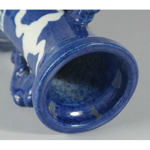 181 - A CHINESE SACRIFICIAL BLUE AND WHITE TWIN HANDLE DRAGON VASE, 29cm high.