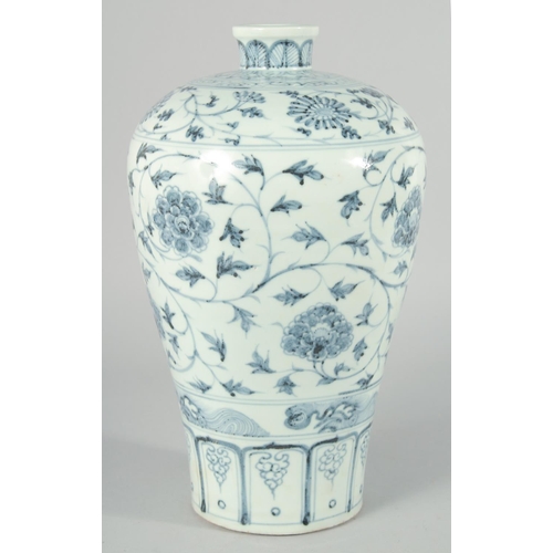 187 - A CHINESE BLUE AND WHITE PORCELAIN MEIPING VASE, decorated with flower heads and scrolling vine, 33c... 