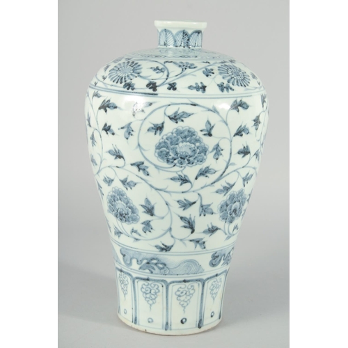 187 - A CHINESE BLUE AND WHITE PORCELAIN MEIPING VASE, decorated with flower heads and scrolling vine, 33c... 