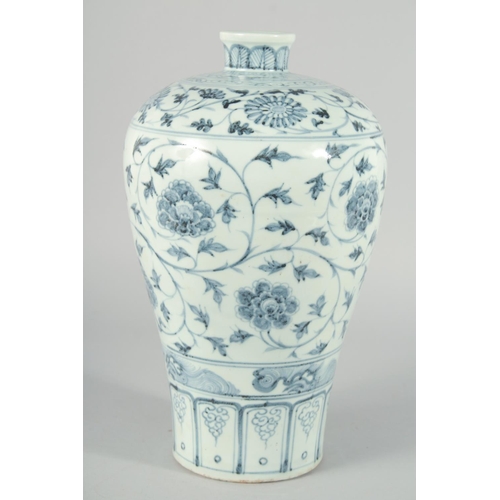 187 - A CHINESE BLUE AND WHITE PORCELAIN MEIPING VASE, decorated with flower heads and scrolling vine, 33c... 