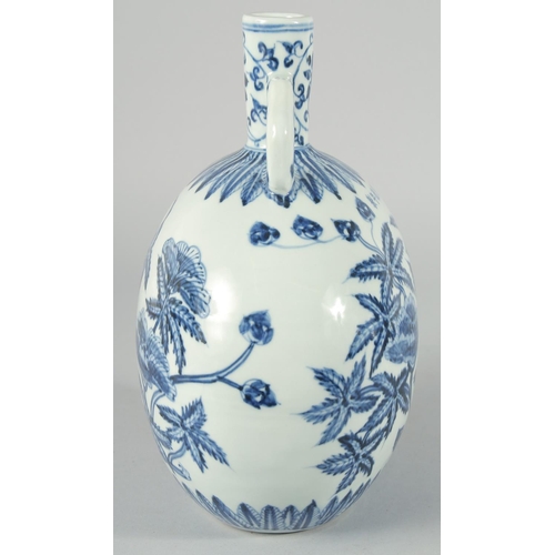 190 - A CHINESE BLUE AND WHITE PORCELAIN TWIN HANDLE MOON FLASK, decorated with native flora, bearing six-... 