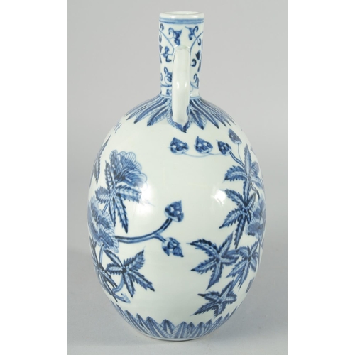 190 - A CHINESE BLUE AND WHITE PORCELAIN TWIN HANDLE MOON FLASK, decorated with native flora, bearing six-... 