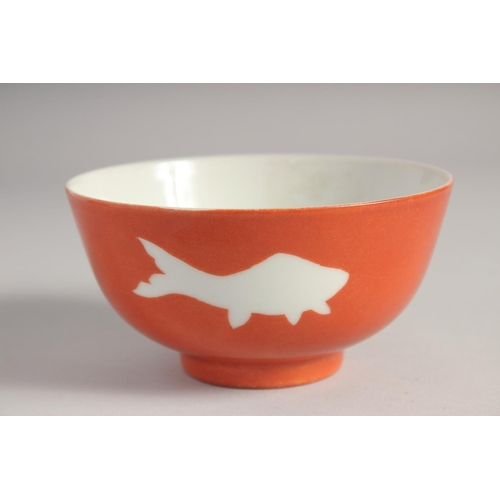 205 - A CHINESE CORAL RED GLAZE PORCELAIN BOWL, bearing Qianlong six-character mark, 12.5cm diameter.