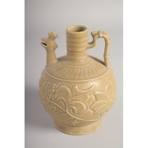 209 - A CHINESE YAOZHOU STYLE CHICKEN FORM EWER, with relief decoration, 17.5cm high.