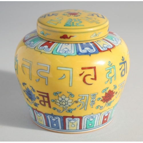 217 - A CHINESE YELLOW GROUND POLYCHROME GINGER JAR AND COVER, painted with characters, 13cm high.