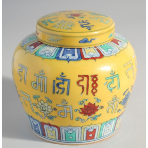 217 - A CHINESE YELLOW GROUND POLYCHROME GINGER JAR AND COVER, painted with characters, 13cm high.