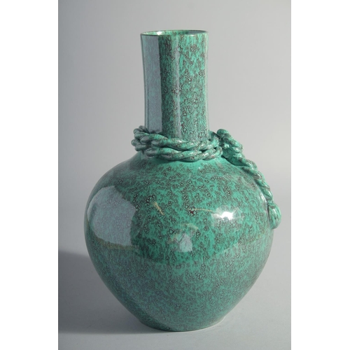 222 - A GOOD CHINESE ROBINS EGG GLAZE VASE, with moulded rope around the neck, the base with six-character... 