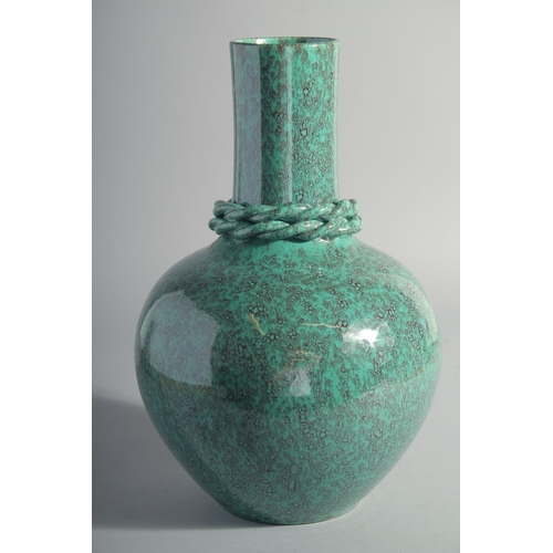 222 - A GOOD CHINESE ROBINS EGG GLAZE VASE, with moulded rope around the neck, the base with six-character... 