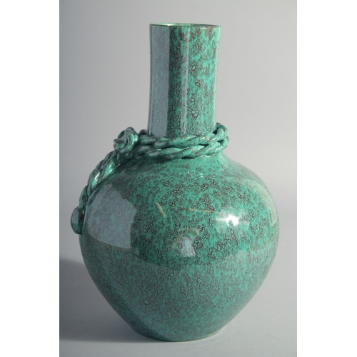 222 - A GOOD CHINESE ROBINS EGG GLAZE VASE, with moulded rope around the neck, the base with six-character... 