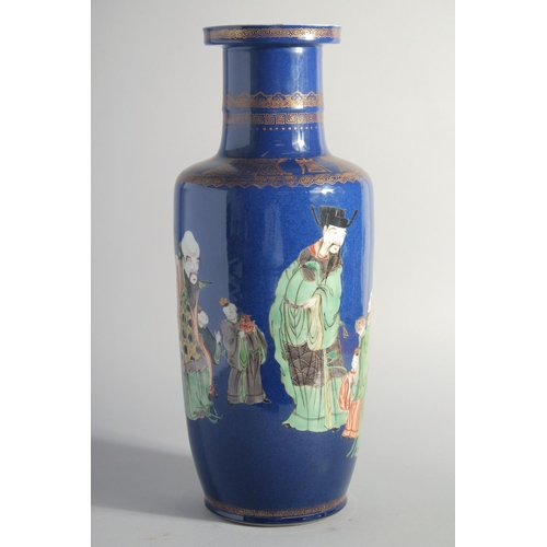 232 - A FINE AND LARGE CHINESE BLUE GROUND PORCELAIN VASE, painted with various figures and gilt character... 