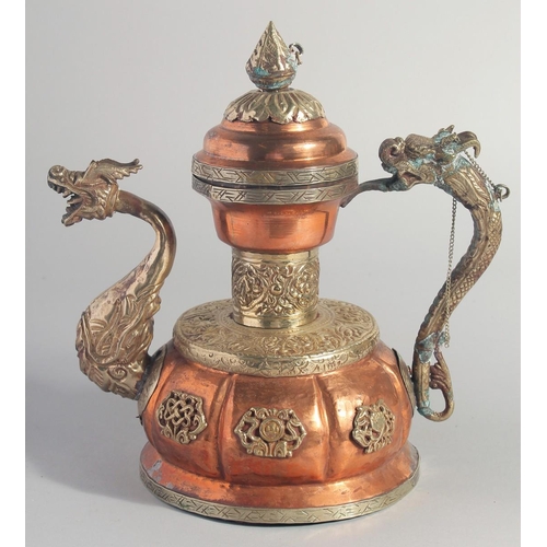 242 - A CHINESE COPPER LIDDED EWER, the spout and handle formed as dragons, 24.5cm high.