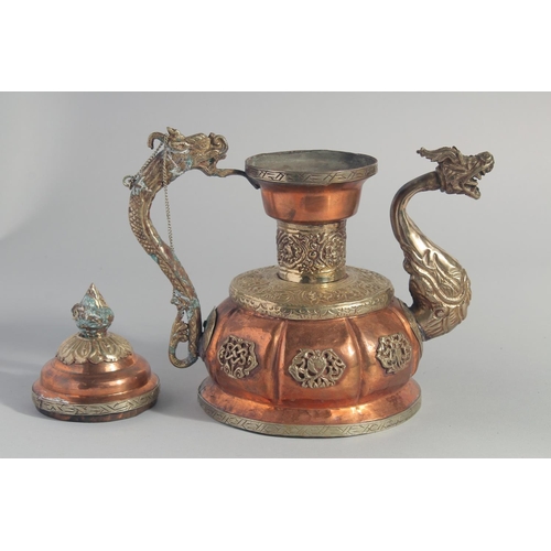 242 - A CHINESE COPPER LIDDED EWER, the spout and handle formed as dragons, 24.5cm high.