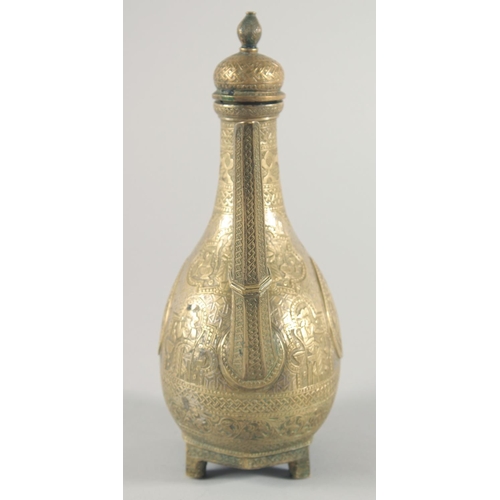 255 - A FINE EARLY 19TH CENTURY INDIAN PARSI SILVER INLAID BRASS EWER, with hinged lid, engraved decoratio... 