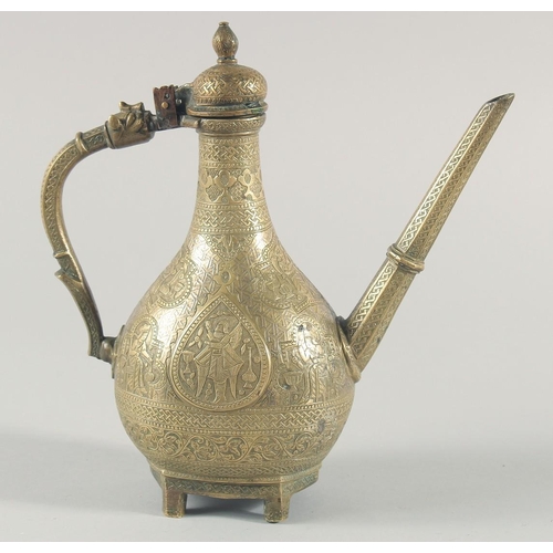 255 - A FINE EARLY 19TH CENTURY INDIAN PARSI SILVER INLAID BRASS EWER, with hinged lid, engraved decoratio... 