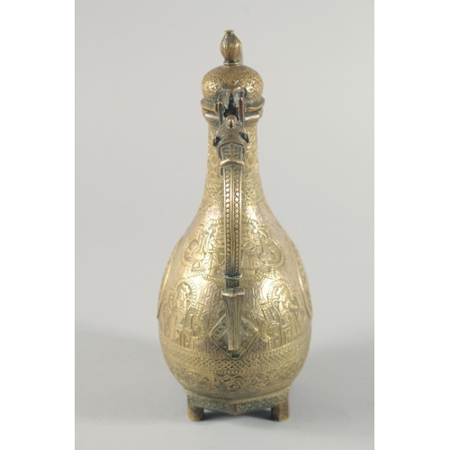 255 - A FINE EARLY 19TH CENTURY INDIAN PARSI SILVER INLAID BRASS EWER, with hinged lid, engraved decoratio... 