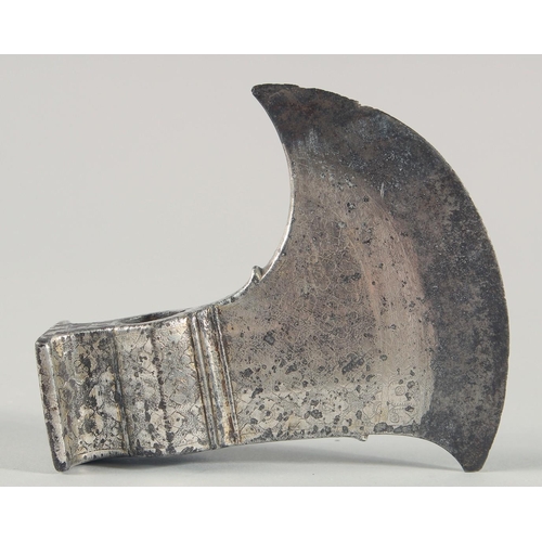 261 - A FINE EARLY 19TH CENTURY NORTH INDIAN SILVER OVERLAID STEEL AXE HEAD, 12.5cm wide.