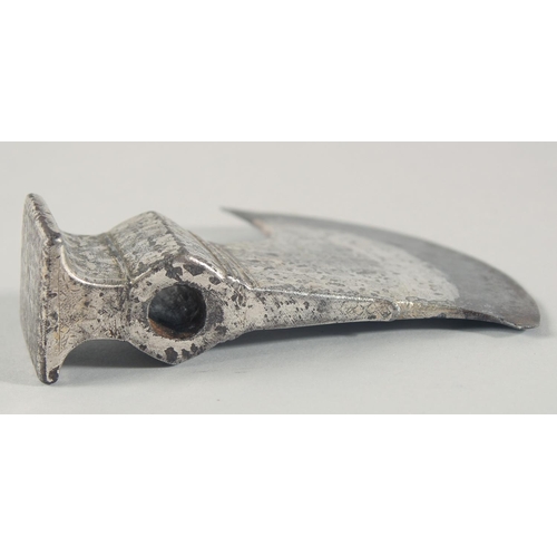 261 - A FINE EARLY 19TH CENTURY NORTH INDIAN SILVER OVERLAID STEEL AXE HEAD, 12.5cm wide.