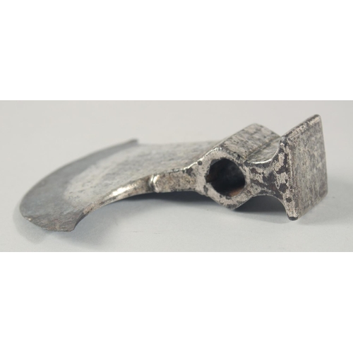 261 - A FINE EARLY 19TH CENTURY NORTH INDIAN SILVER OVERLAID STEEL AXE HEAD, 12.5cm wide.