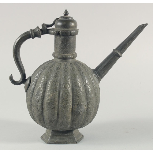 265 - AN 18TH CENTURY MUGHAL INDIAN TINNED COPPER EWER, the ribbed body with embossed foliate decoration, ... 