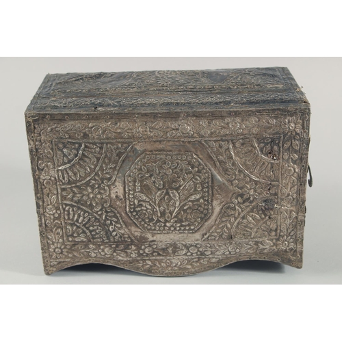 273 - A LARGE EARLY 19TH CENTURY OTTOMAN TURKISH SILVER CLAD WOODEN BOX, the silver overlay with embossed ... 