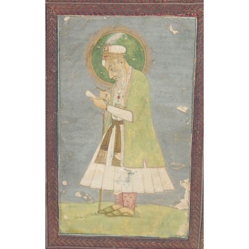 283 - AN 18TH/19TH CENTURY MUGHAL INDIAN MINIATURE PAINTING of Aurangzeb, with textile border, framed and ... 