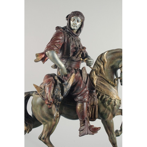 287 - A LARGE 19TH CENTURY ORIENTALIST COLD PAINTED HORSE AND RIDER, mounted to a green marble base, 62cm ... 