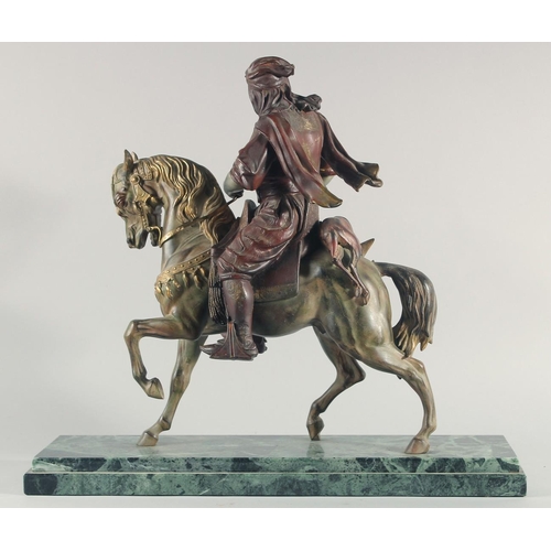 287 - A LARGE 19TH CENTURY ORIENTALIST COLD PAINTED HORSE AND RIDER, mounted to a green marble base, 62cm ... 