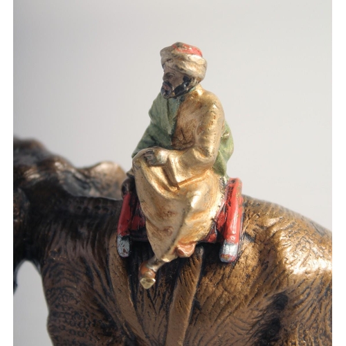 289 - A FINE ORIENTALIST VIENNA BERGMAN STYLE COLD PAINTED BRONZE FIGURE OF AN ARAB ON AN ELEPHANT, 11cm l... 